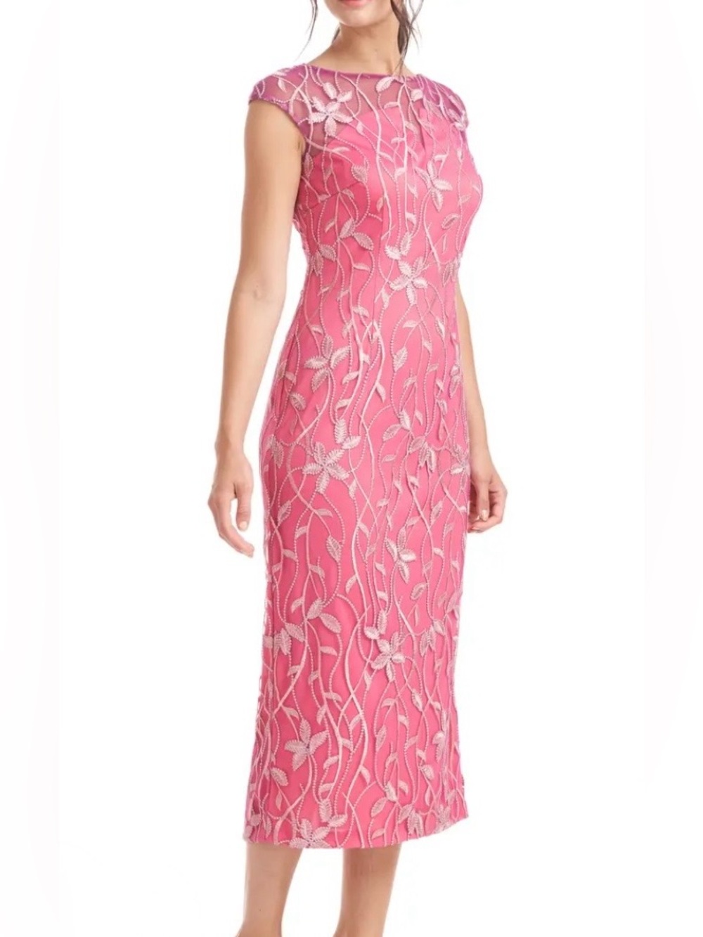 NWOT JS Collections Elegant Pink and Plum Embroidered Cap-Sleeve Midi Dress